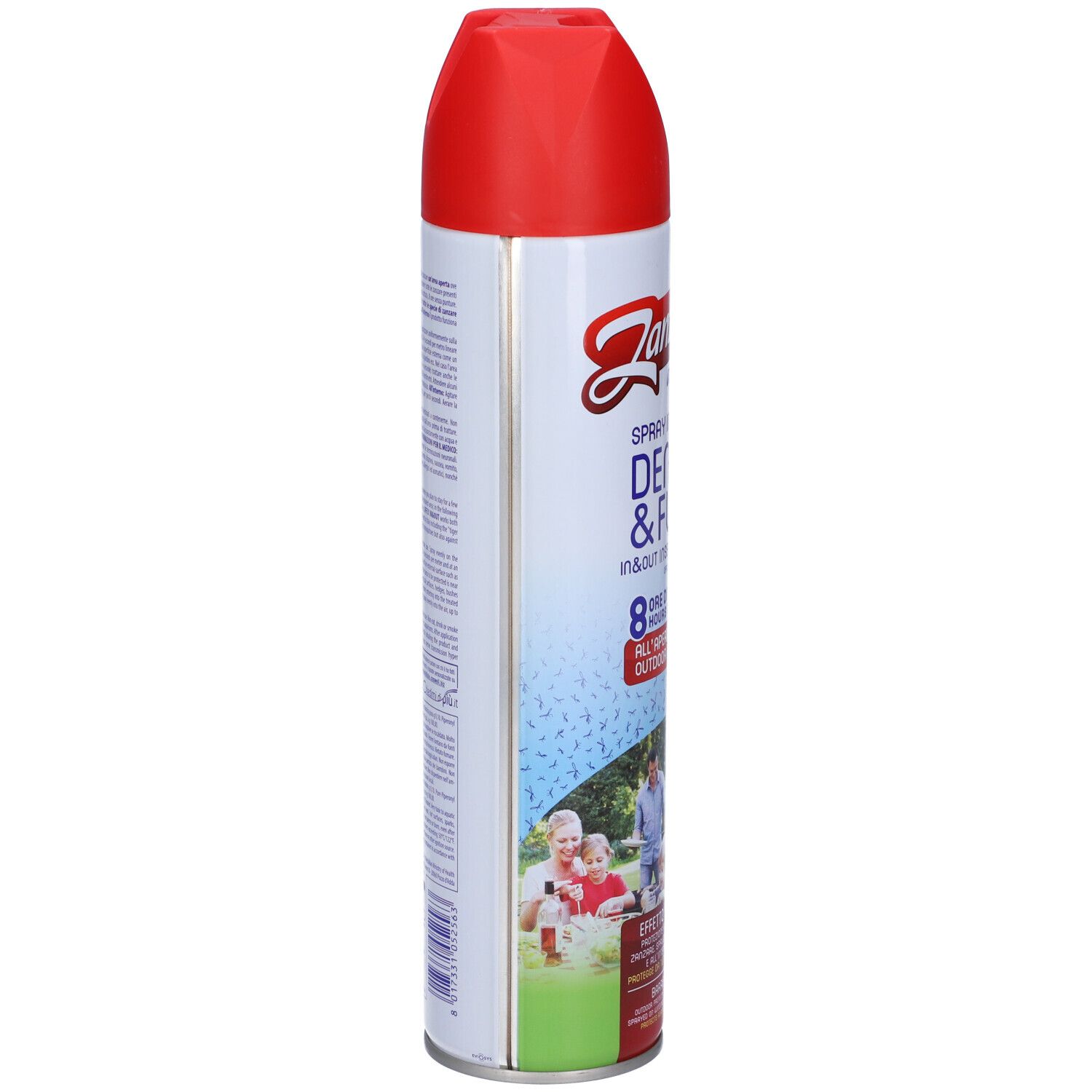 Bomboletta spray Zanzarella Ambiente, rossa e bianca. Testo: Spray Insetticida, Dentro & Fuori, 8 ore di protezione.