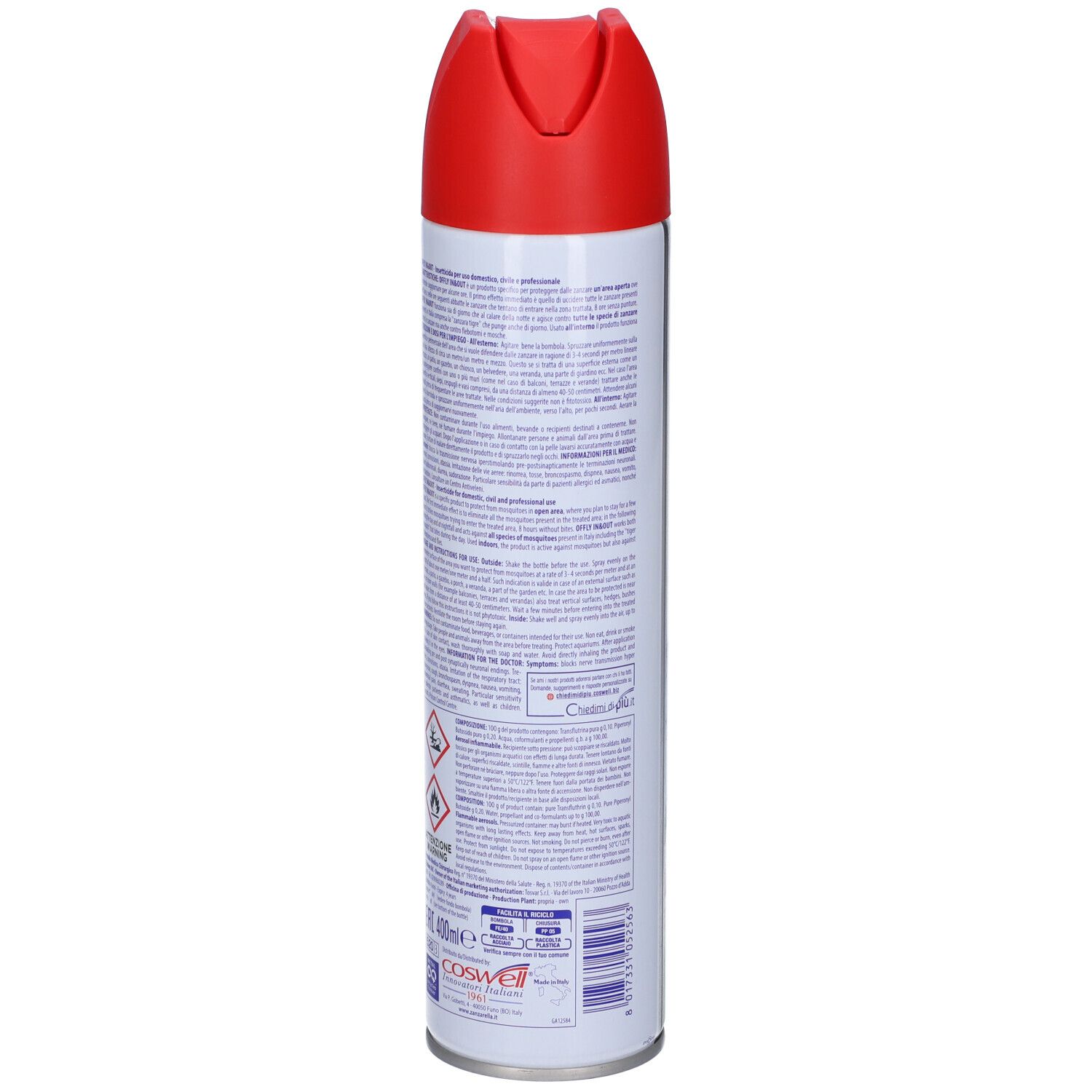 Bomboletta spray Zanzarella Ambiente, rossa e bianca. Testo sul retro. Simboli di pericolo.