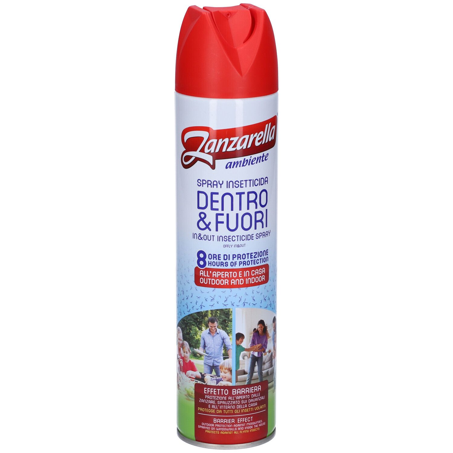 Bomboletta spray Zanzarella Ambiente, rossa e bianca. Testo: Spray Insetticida, Dentro & Fuori, 8 ore di protezione.