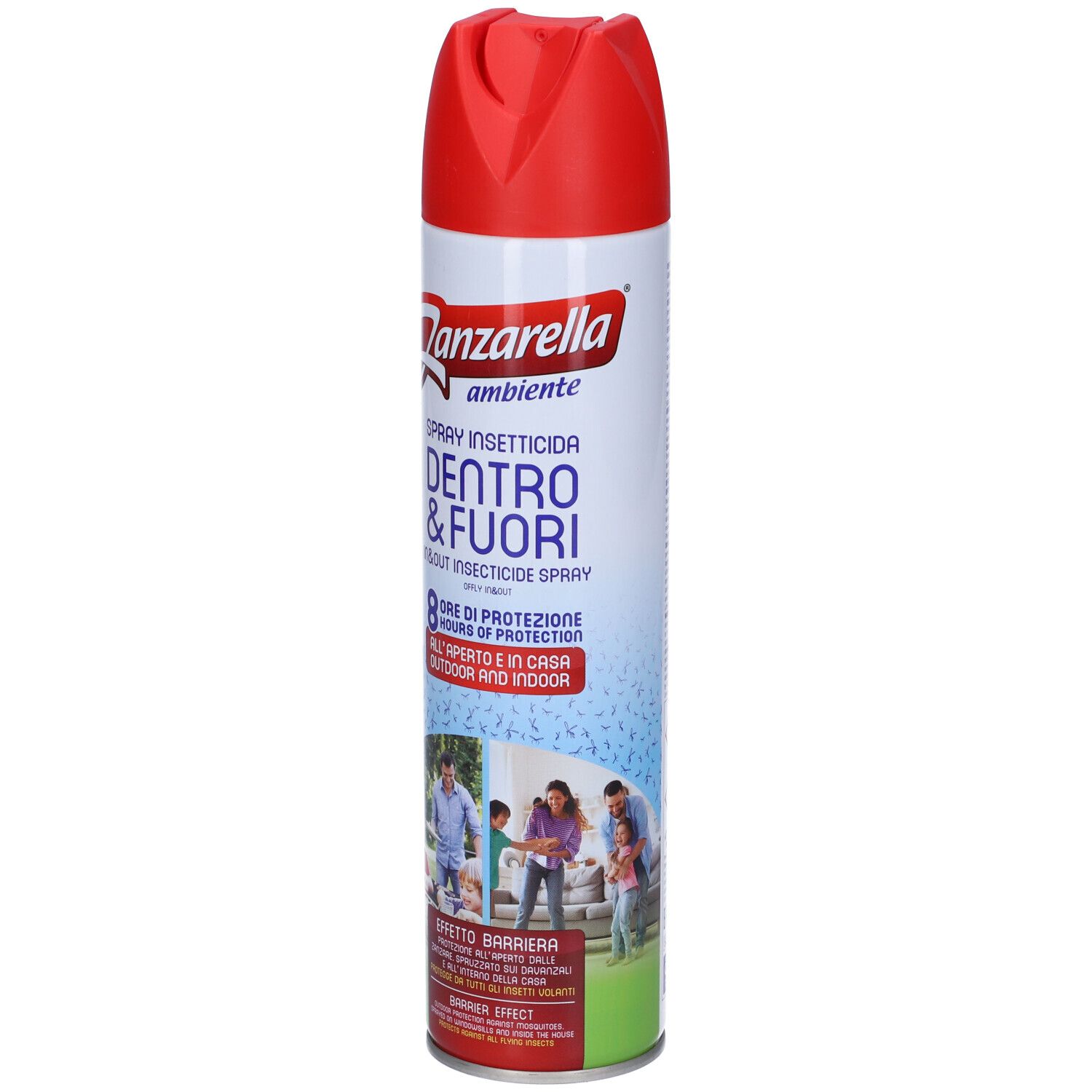 Bomboletta spray Zanzarella Ambiente, rossa e bianca. Testo: Spray Insetticida, Dentro & Fuori, 8 ore di protezione.