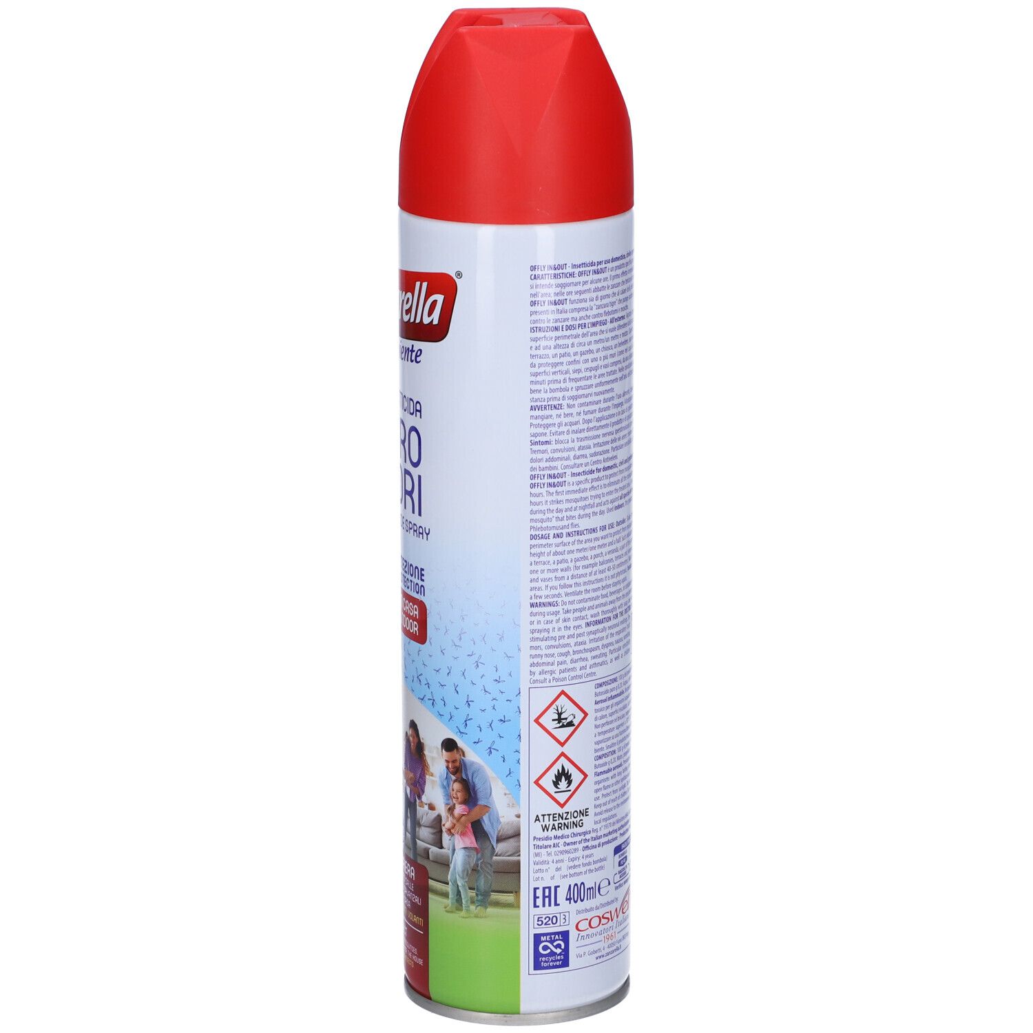 Bomboletta spray Zanzarella Ambiente, rossa e bianca. Testo sul retro. Simboli di pericolo.