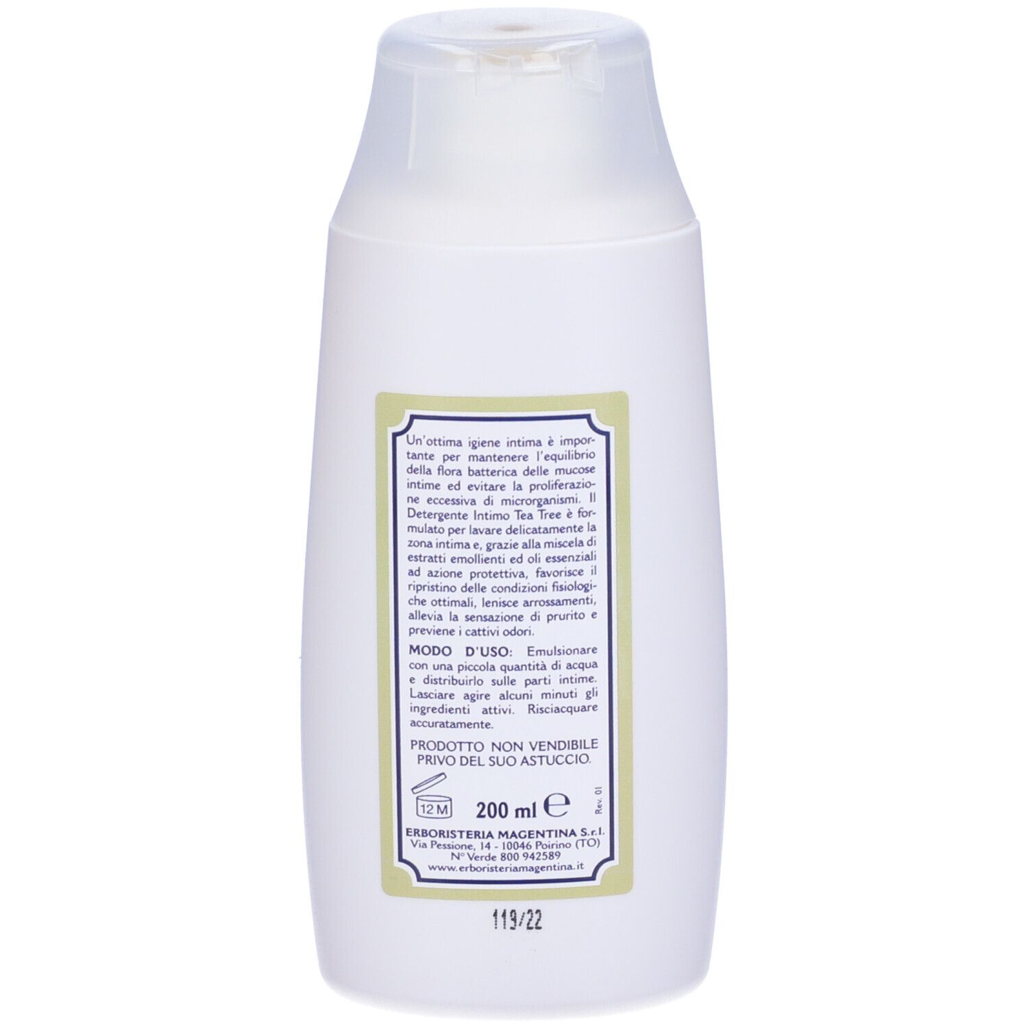 Weiße Flasche mit Klappdeckel, 200 ml, mit italienischem Etikett.