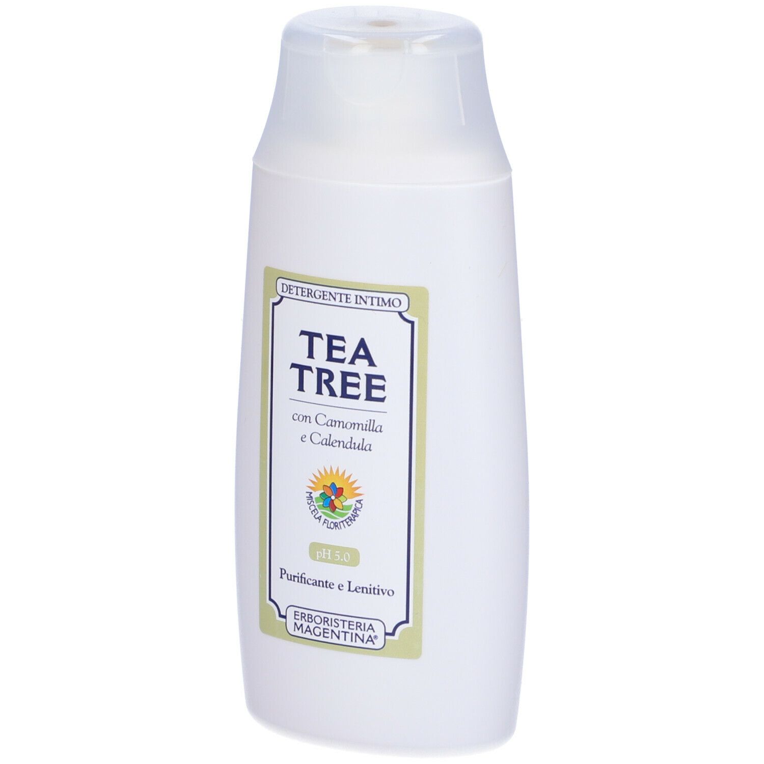 Weiße Flasche mit „Tea Tree“ Intimwaschmittel, Kamille und Calendula. pH 5.0.