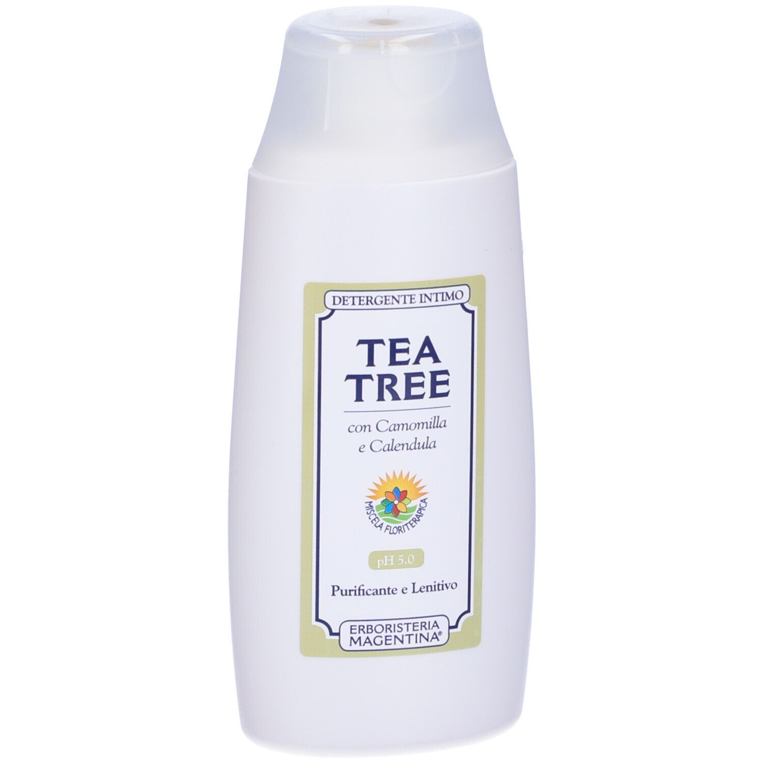 Weiße Flasche mit Tea Tree Intimwaschmittel, Kamille und Calendula. pH 5.0.