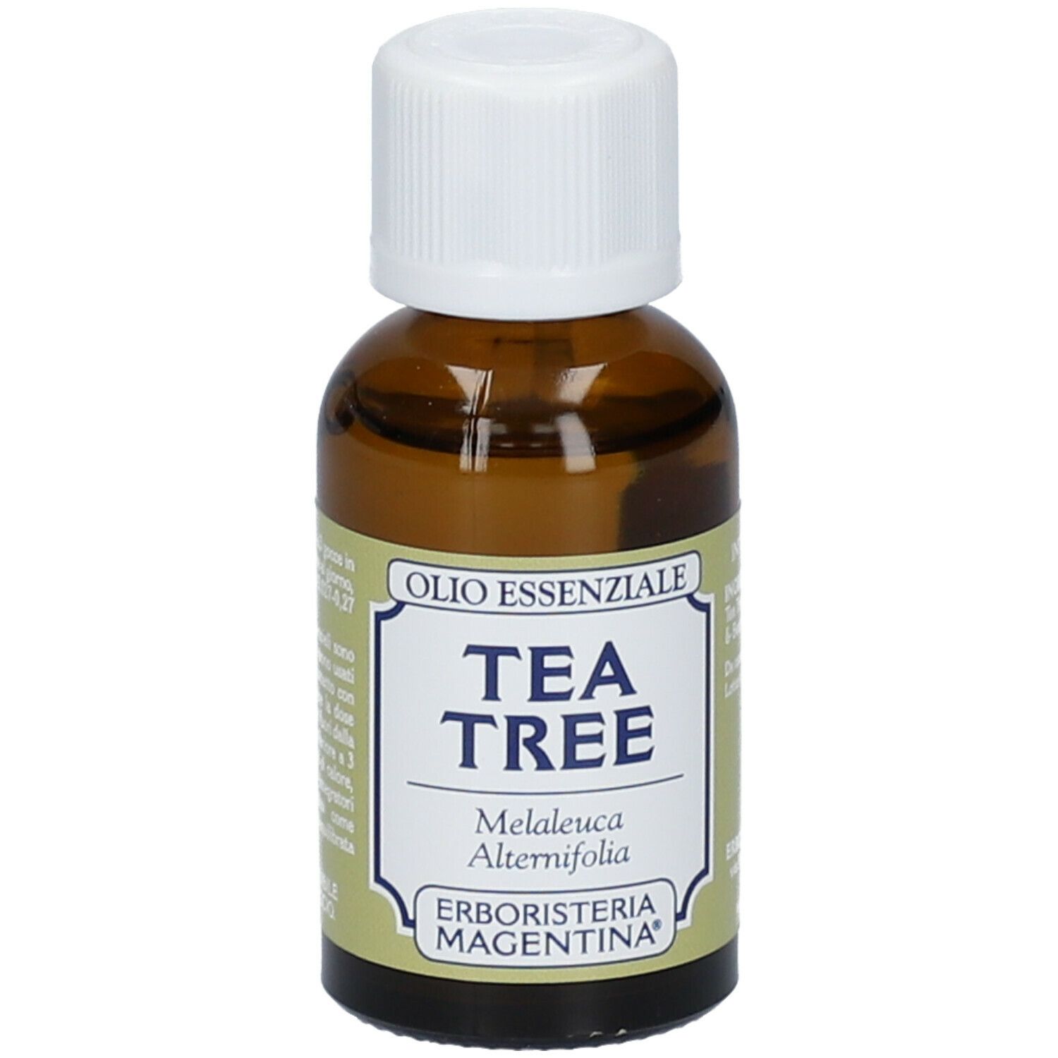 Flacone di vetro marrone con tappo bianco. Etichetta "Tea Tree" e "Erboristeria Magentina".