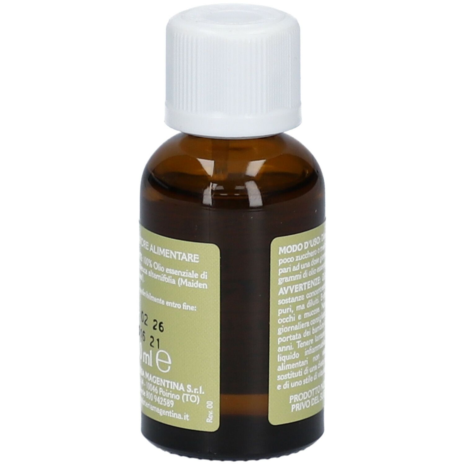 Flacone di vetro marrone con tappo bianco. Etichetta con ingredienti e data di scadenza.