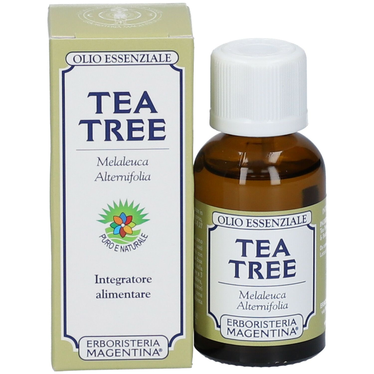Flacone di vetro marrone e scatola. Flacone con tappo bianco, etichetta "Tea Tree". Scatola con logo.
