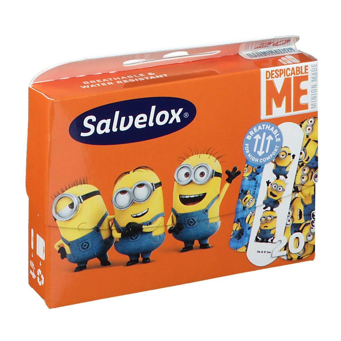 Confezione arancione Salvelox con illustrazioni dei Minions. Contiene cerotti. Scritta: Breathable & Water Resistant.
