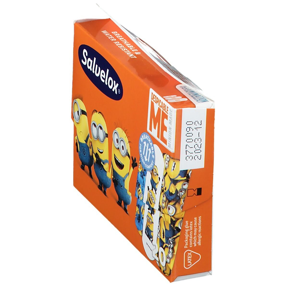 Vista obliqua della confezione Salvelox Minions. Arancione con logo e testo. Contiene cerotti. Scritta: Breathable & Water Resistant.