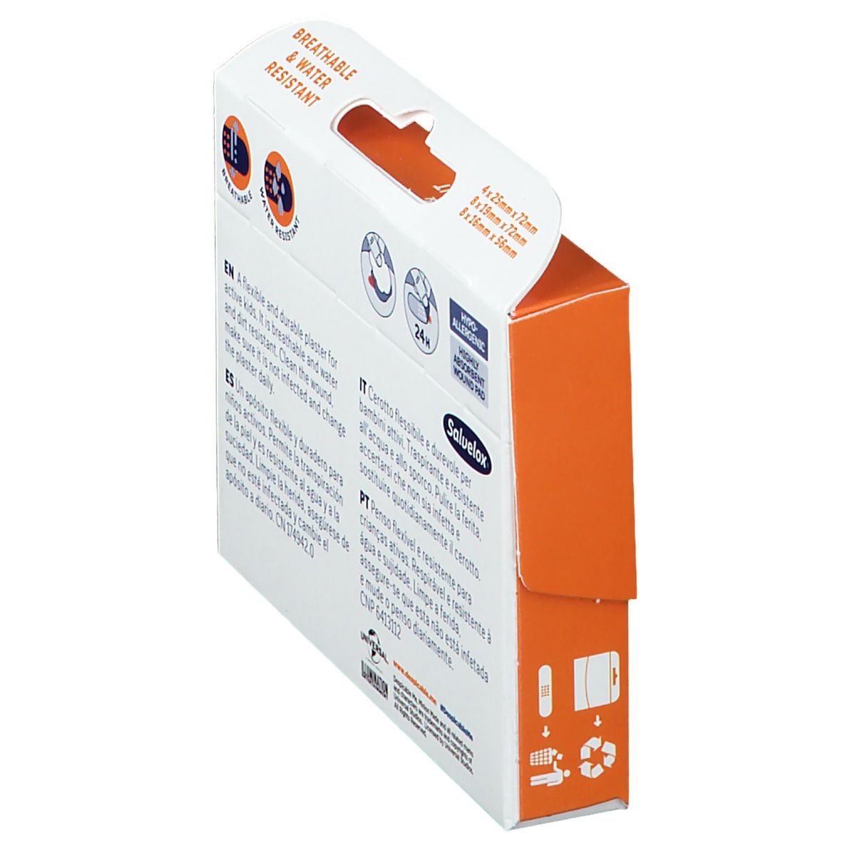 Vista obliqua del retro della confezione Salvelox. Contiene testo e informazioni sul prodotto. Scritta: Breathable & Water Resistant.