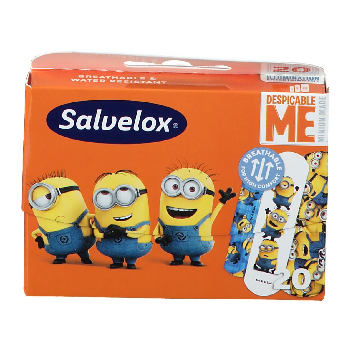 Confezione Salvelox con illustrazioni dei Minions. Arancione con logo e testo. Contiene cerotti. Scritta: Breathable & Water Resistant.