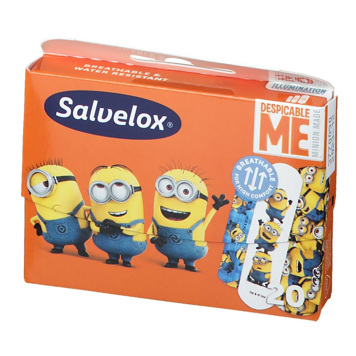 Confezione Salvelox con illustrazioni dei Minions. Arancione con logo e testo. Contiene cerotti. Scritta: Breathable & Water Resistant.
