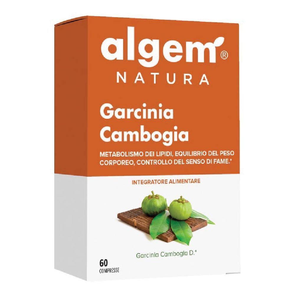 Scatola arancione e bianca con nome del prodotto e illustrazione di frutti di Garcinia Cambogia. 60 compresse.