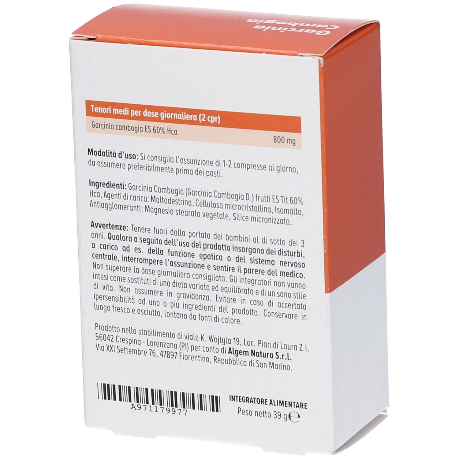 Retro della confezione del prodotto con ingredienti, dosaggio e avvertenze. Peso 39g.