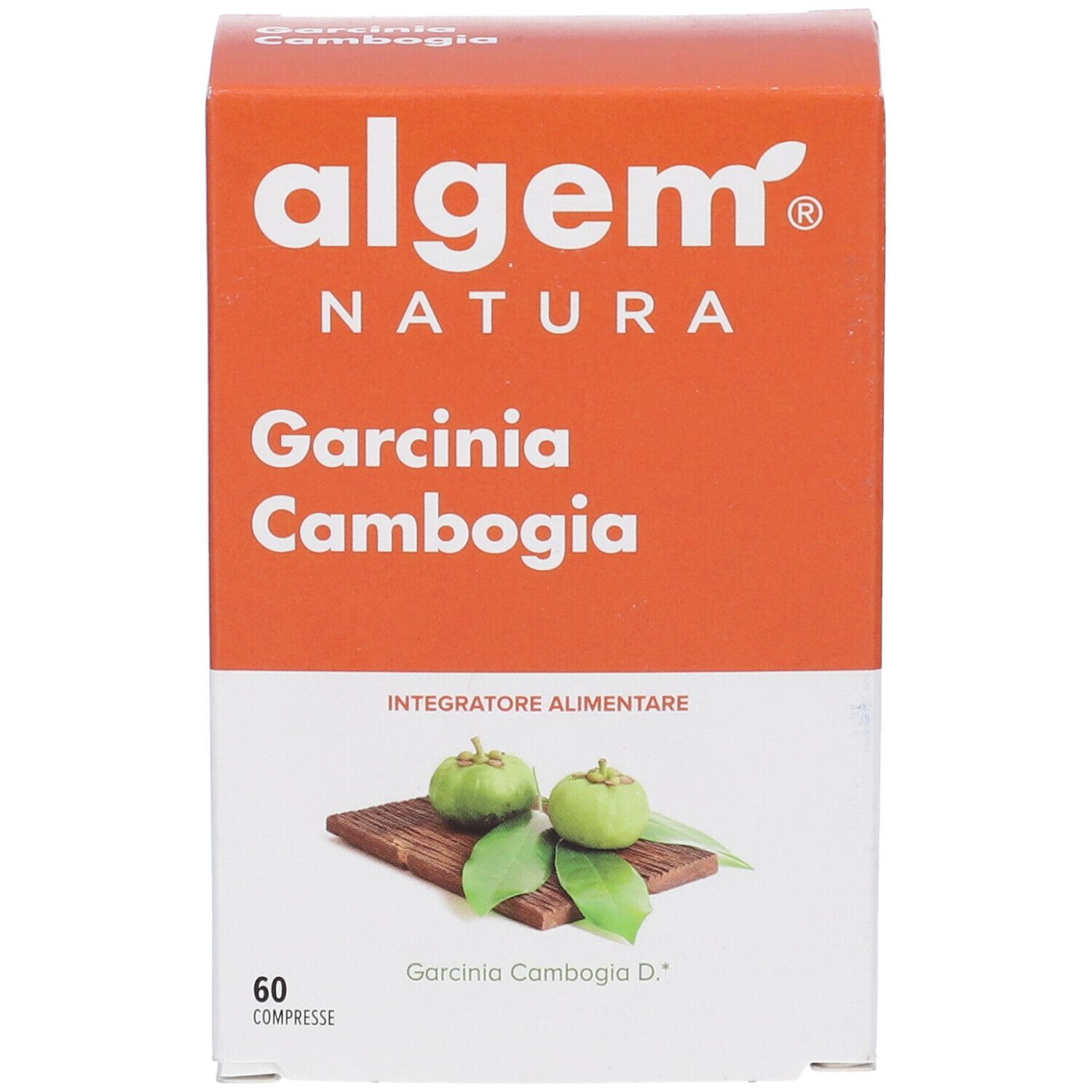 Confezione del prodotto con nome e logo. Illustrazione di frutti di Garcinia Cambogia. 60 compresse.