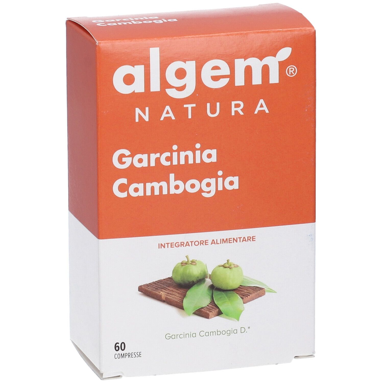 Confezione del prodotto con nome e logo. Illustrazione di frutti di Garcinia Cambogia. 60 compresse.