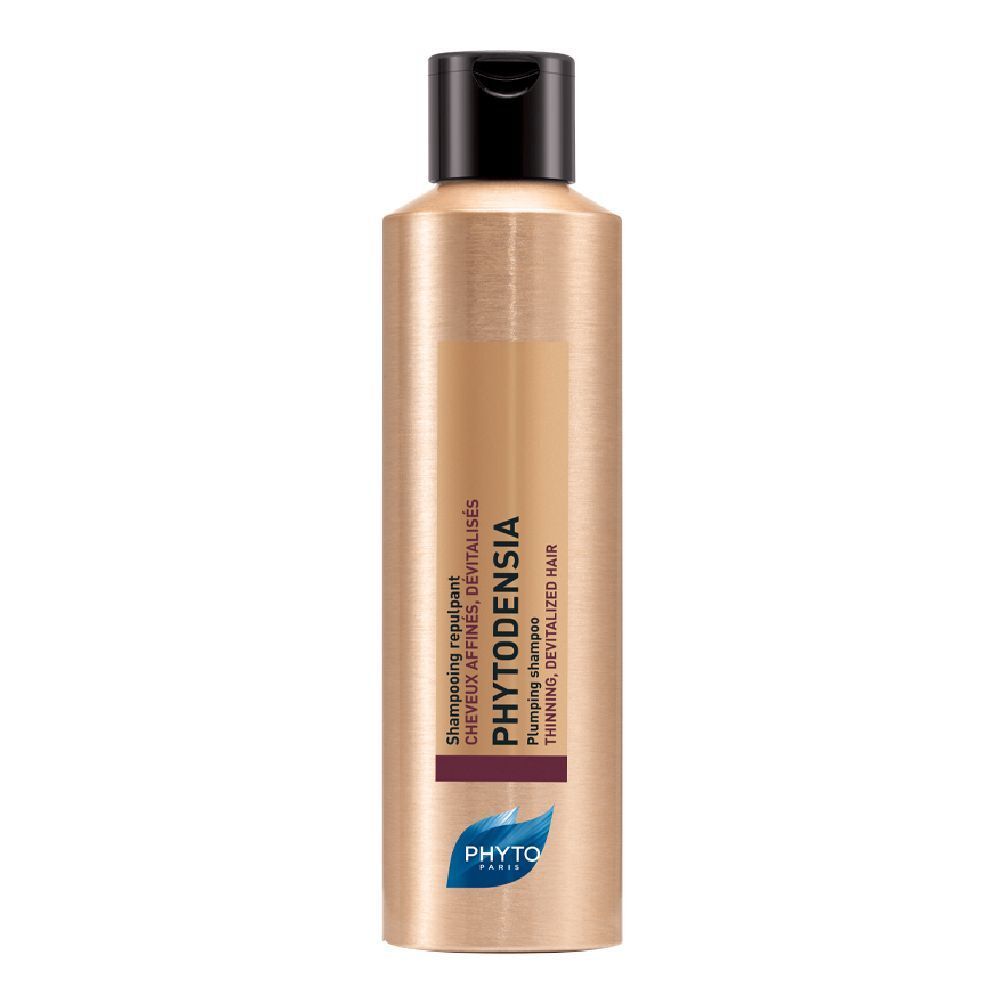 Flacon cylindrique avec bouchon noir. Inscription: PHYTODENSIA, Shampooing repulpant. Marque: PHYTO PARIS.