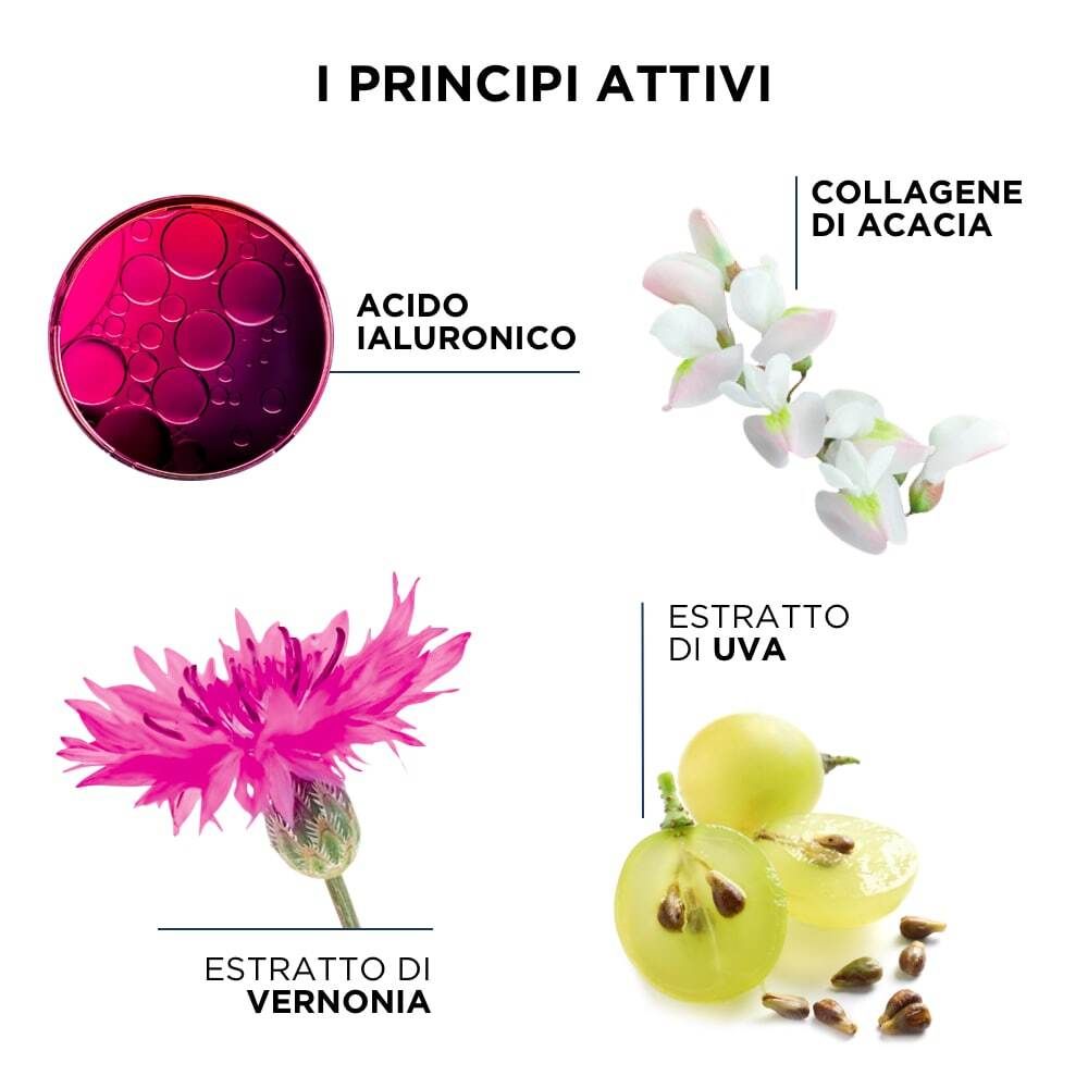 Graphique avec ingrédients: acide hyaluronique, collagène d'acacia, extrait de vernonia, extrait de raisin. Texte italien.
