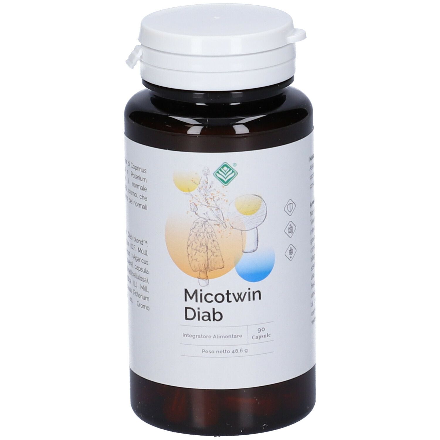 Flacone marrone con tappo bianco. Etichetta con nome prodotto Micotwin Diab e informazioni. 90 capsule.