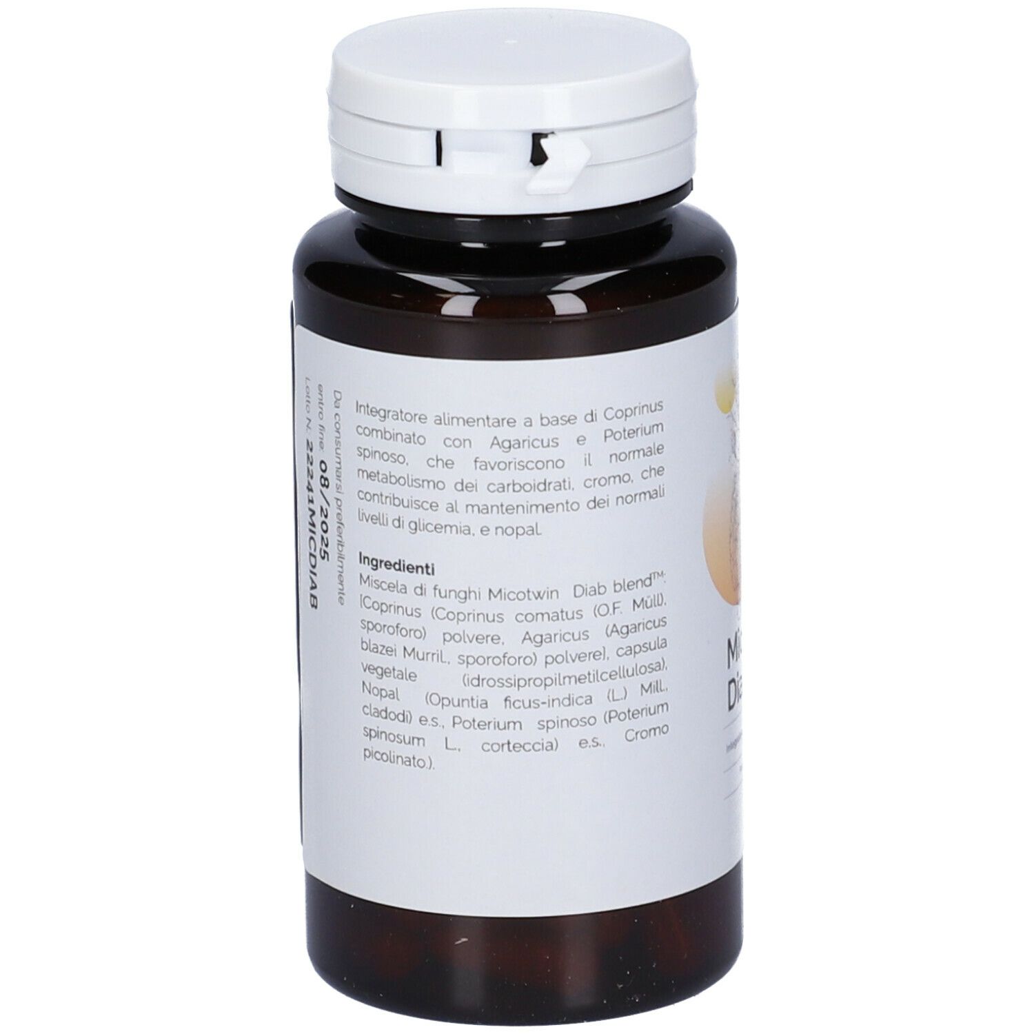 Flacone marrone con tappo bianco. Etichetta con ingredienti e informazioni. Contiene Micotwin Diab blend.