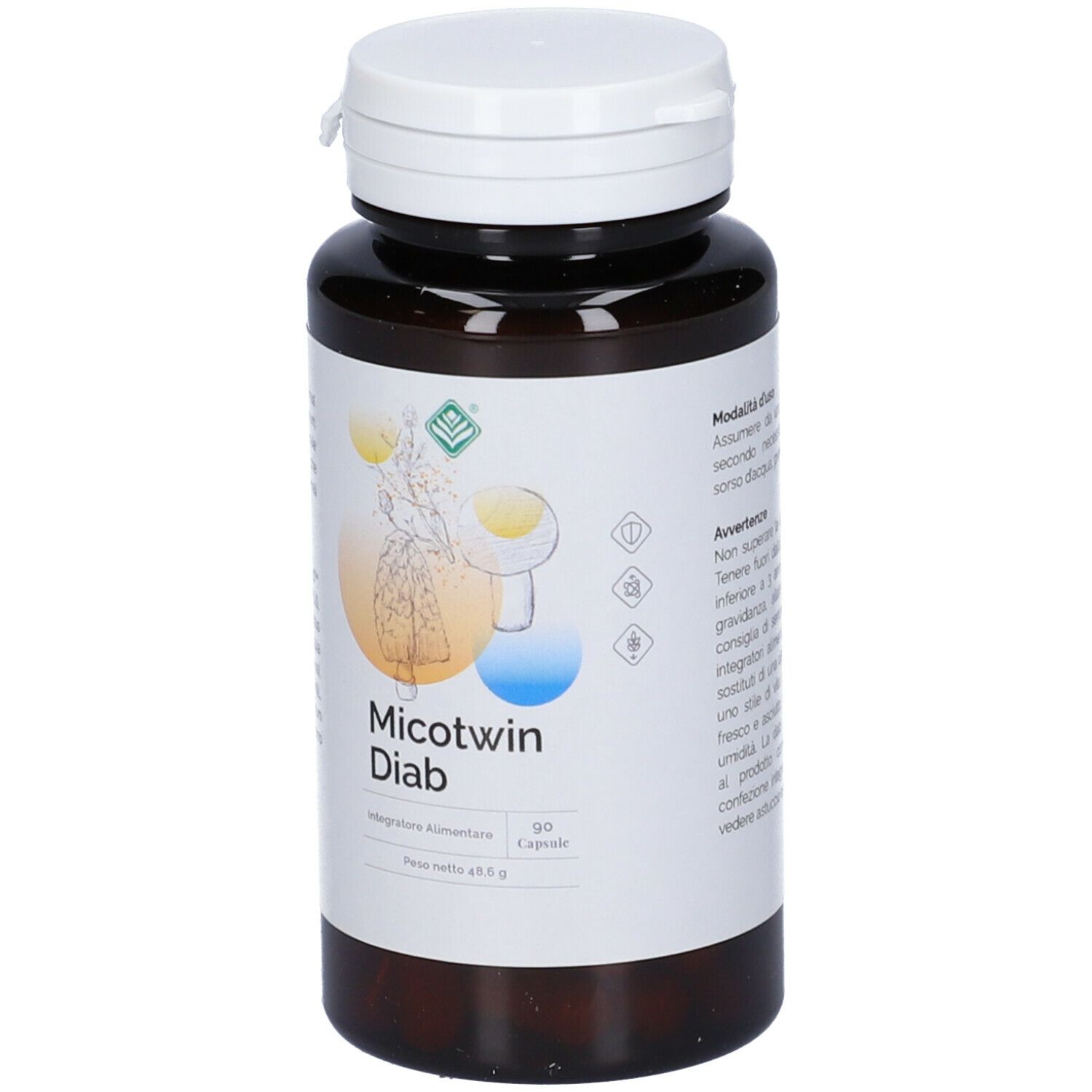 Flacone marrone con tappo bianco. Etichetta con nome prodotto Micotwin Diab e informazioni. 90 capsule.