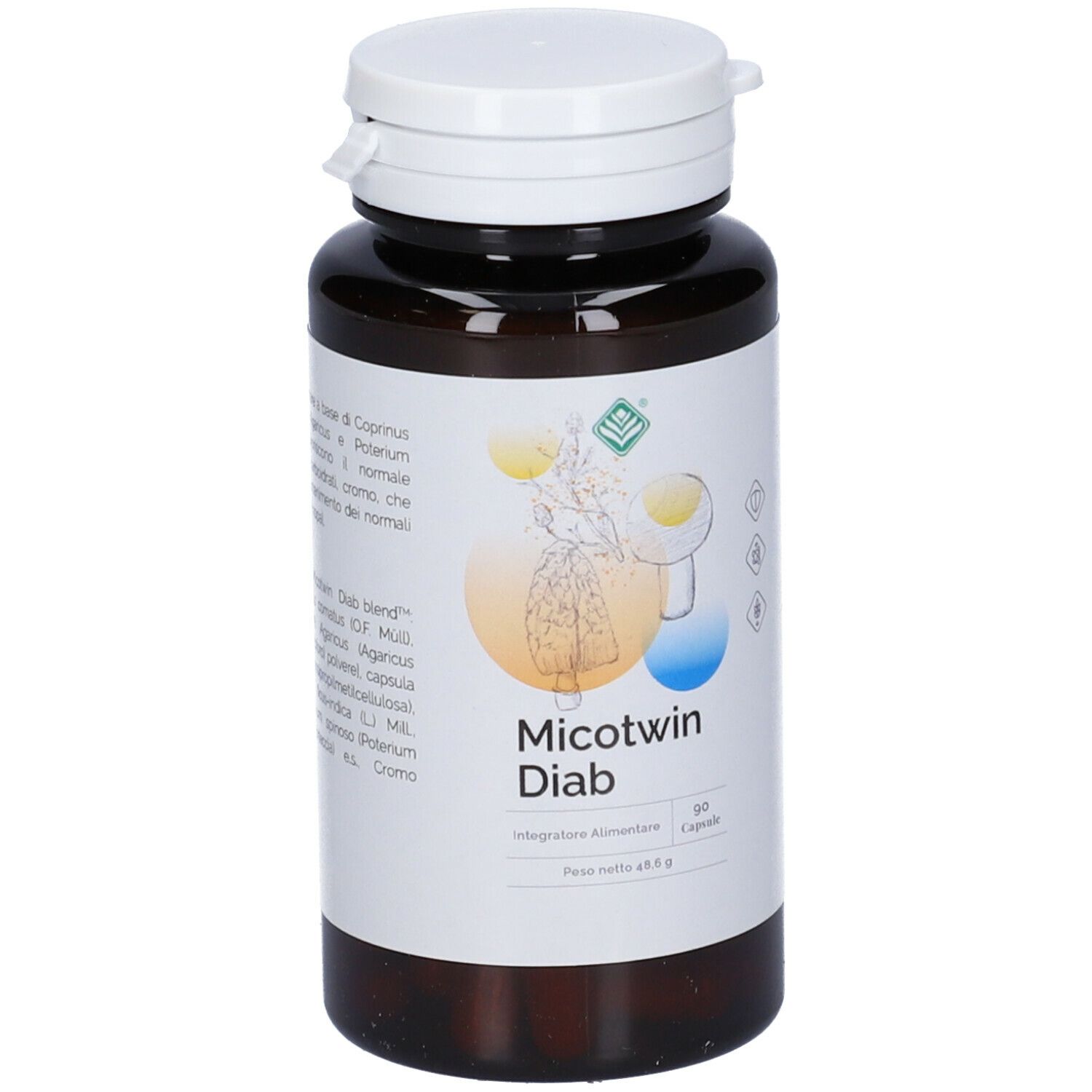 Flacone marrone con tappo bianco. Etichetta con nome prodotto Micotwin Diab e informazioni. 90 capsule.