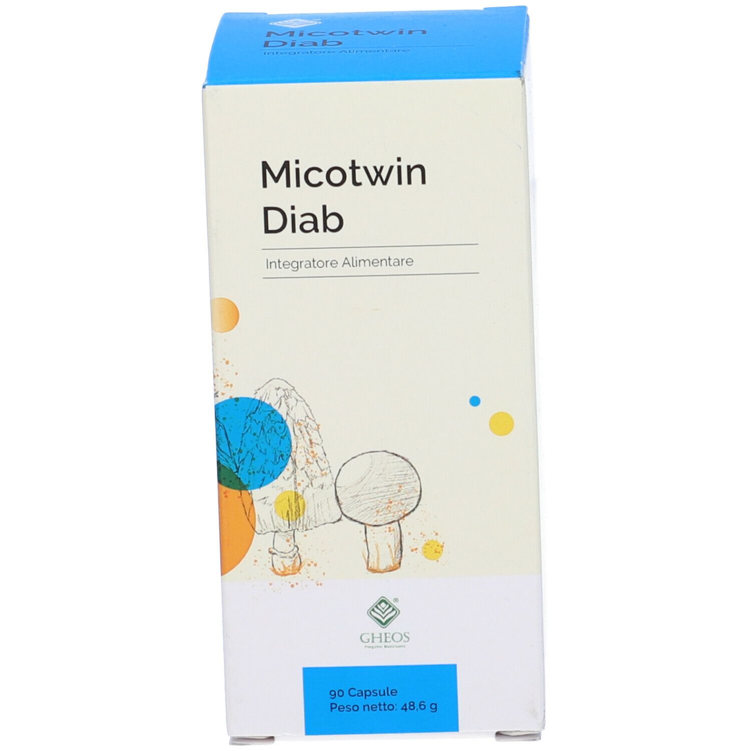 Scatola blu con nome prodotto Micotwin Diab. Contiene 90 capsule. Peso 48,6 g.