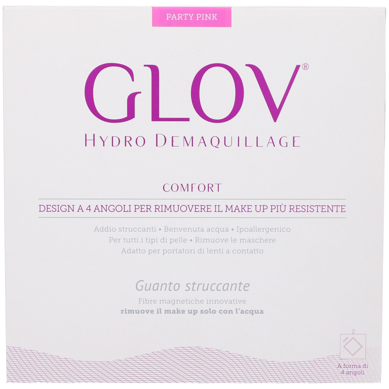 Confezione bianca con logo GLOV rosa e testo. Hydro Demaquillage Comfort. Contiene un guanto struccante. Rosa Party Pink.