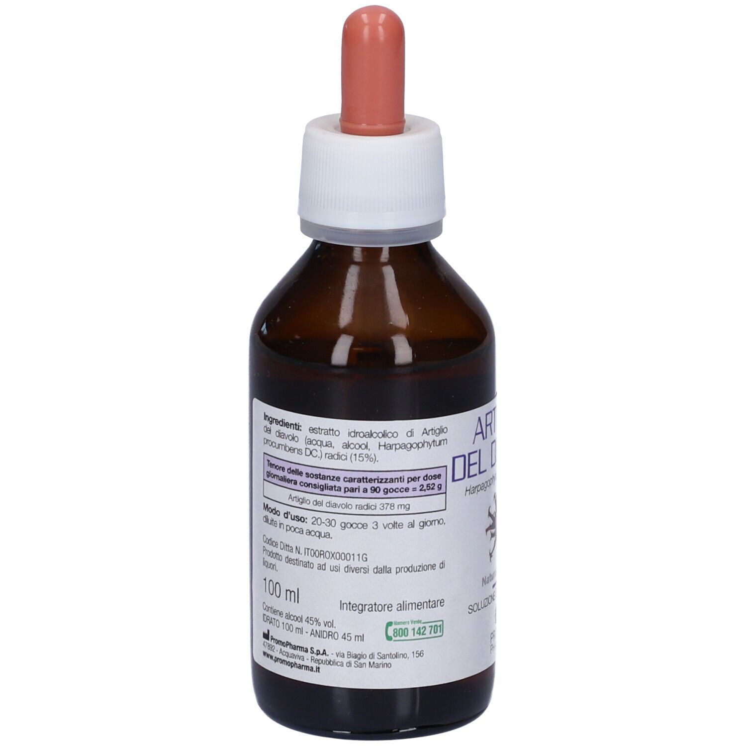 Flacone di vetro marrone con contagocce. Scritta: Artiglio del Diavolo, Promo Pharma. Ingredienti, dosaggio, 100 ml.