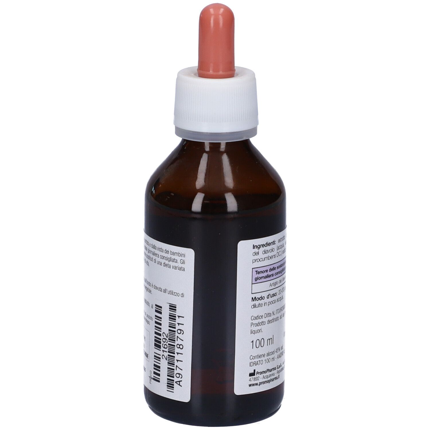 Flacone di vetro marrone con contagocce. Etichetta con testo e codice a barre. 100 ml.