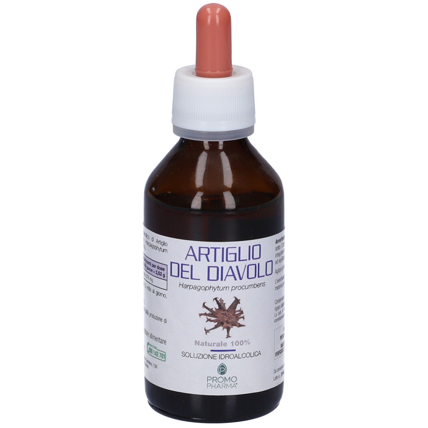 Flacone di vetro marrone con contagocce. Scritta: Artiglio del Diavolo, Promo Pharma. Naturale 100%. Soluzione Idroalcolica.