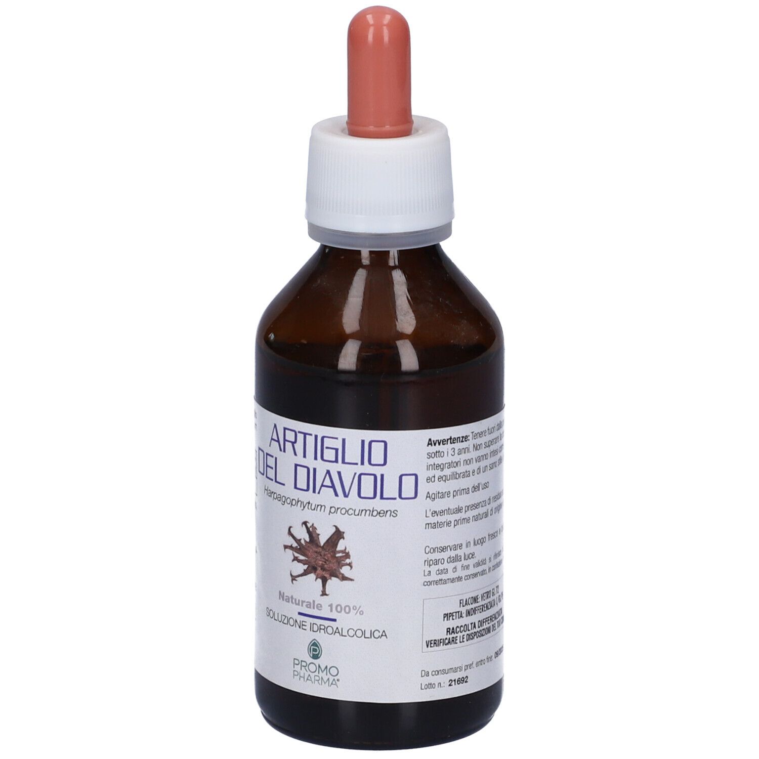 Flacone di vetro marrone con contagocce. Scritta: Artiglio del Diavolo, Promo Pharma. Naturale 100%. Soluzione Idroalcolica.