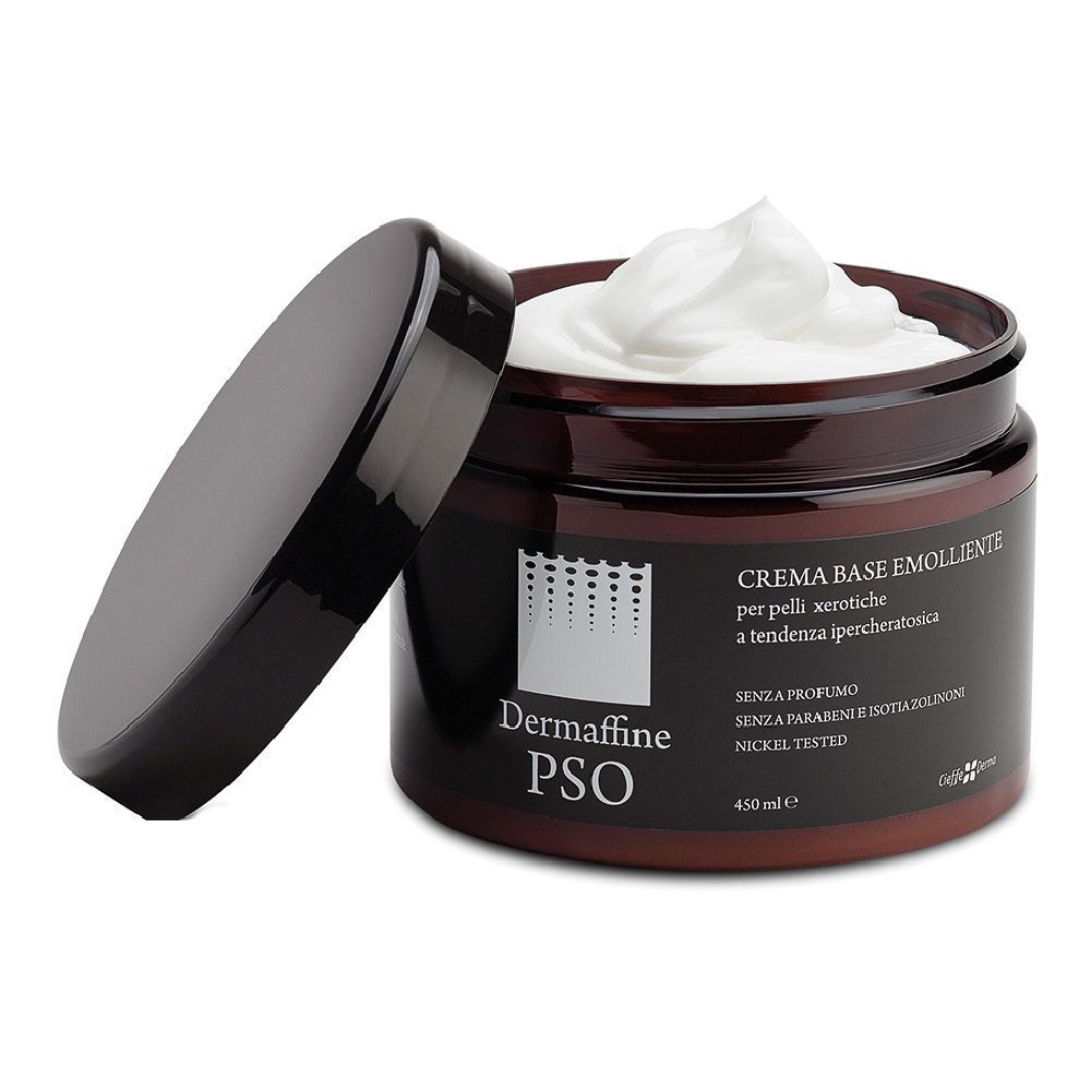 Barattolo marrone con coperchio nero, barattolo aperto con crema bianca. Scritta: Dermaffine PSO, Crema Base Emolliente.