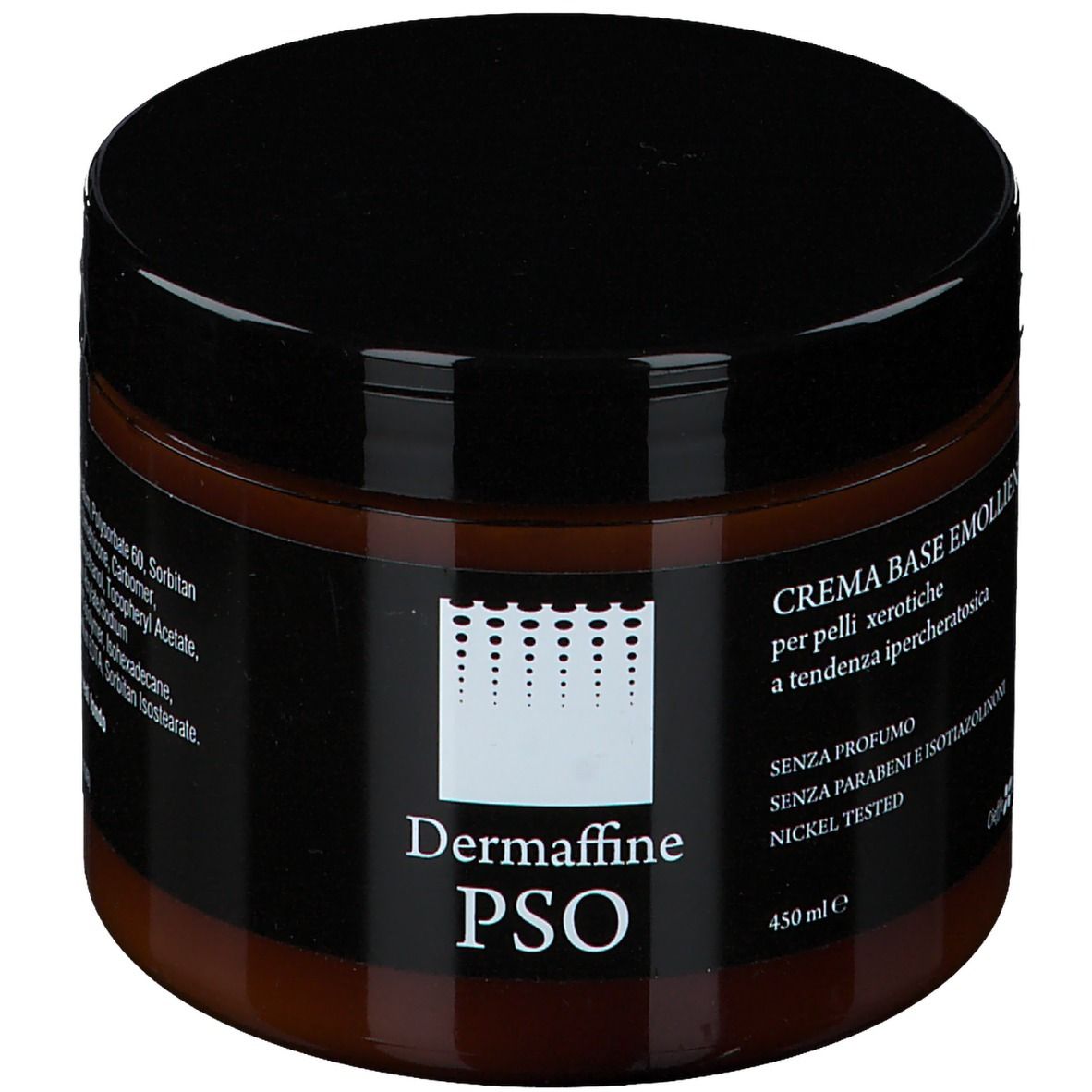 Barattolo marrone con coperchio nero. Scritta: Dermaffine PSO, Crema Base Emolliente. Senza profumo, senza parabeni, nickel tested.