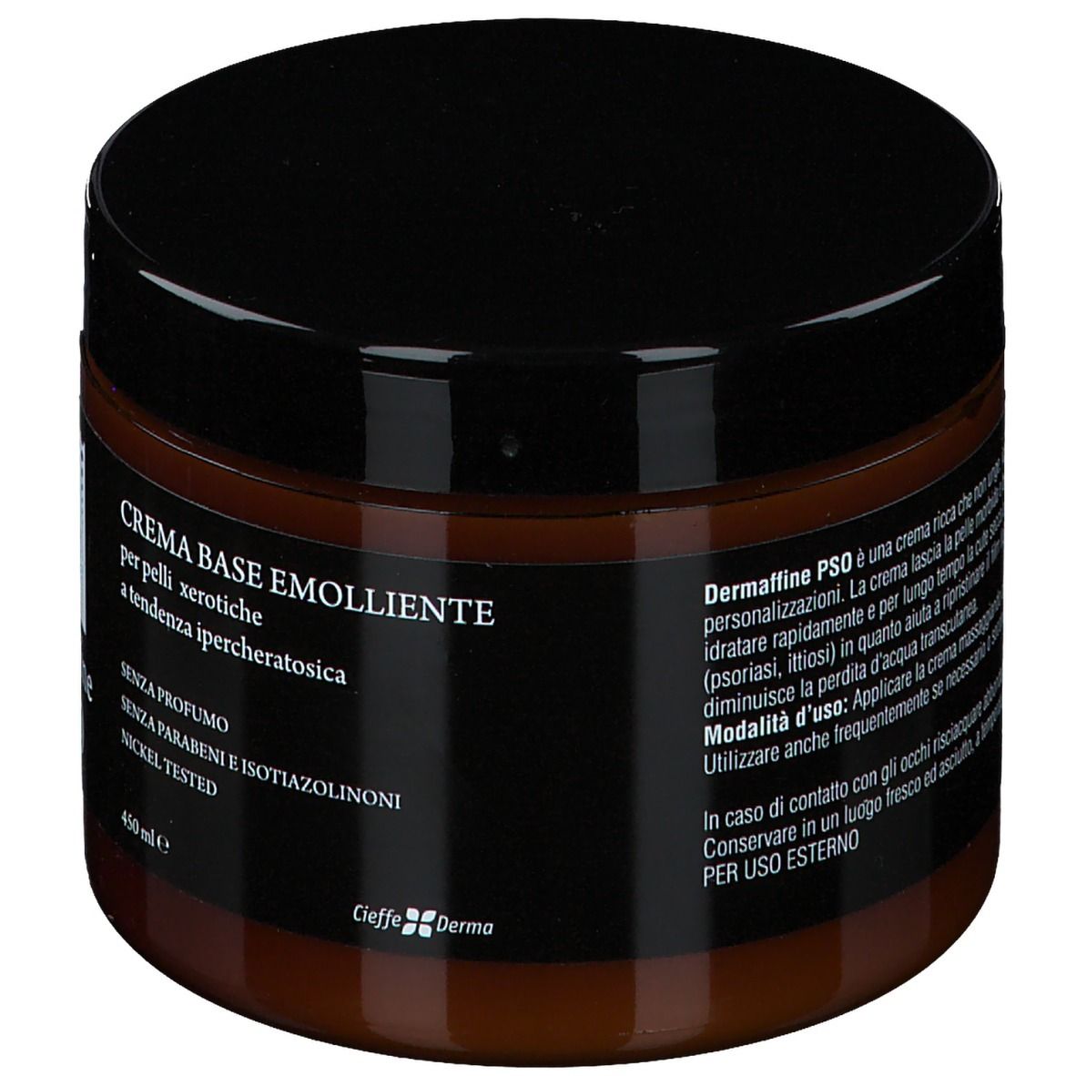 Barattolo marrone con coperchio nero. Scritta: Dermaffine PSO, Crema Base Emolliente. Senza profumo, senza parabeni, nickel tested.