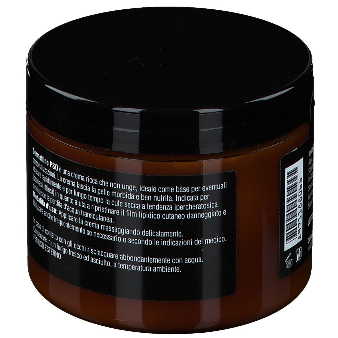 Barattolo marrone con coperchio nero. Scritta: Dermaffine PSO, Crema Base Emolliente. Testo con istruzioni e ingredienti.