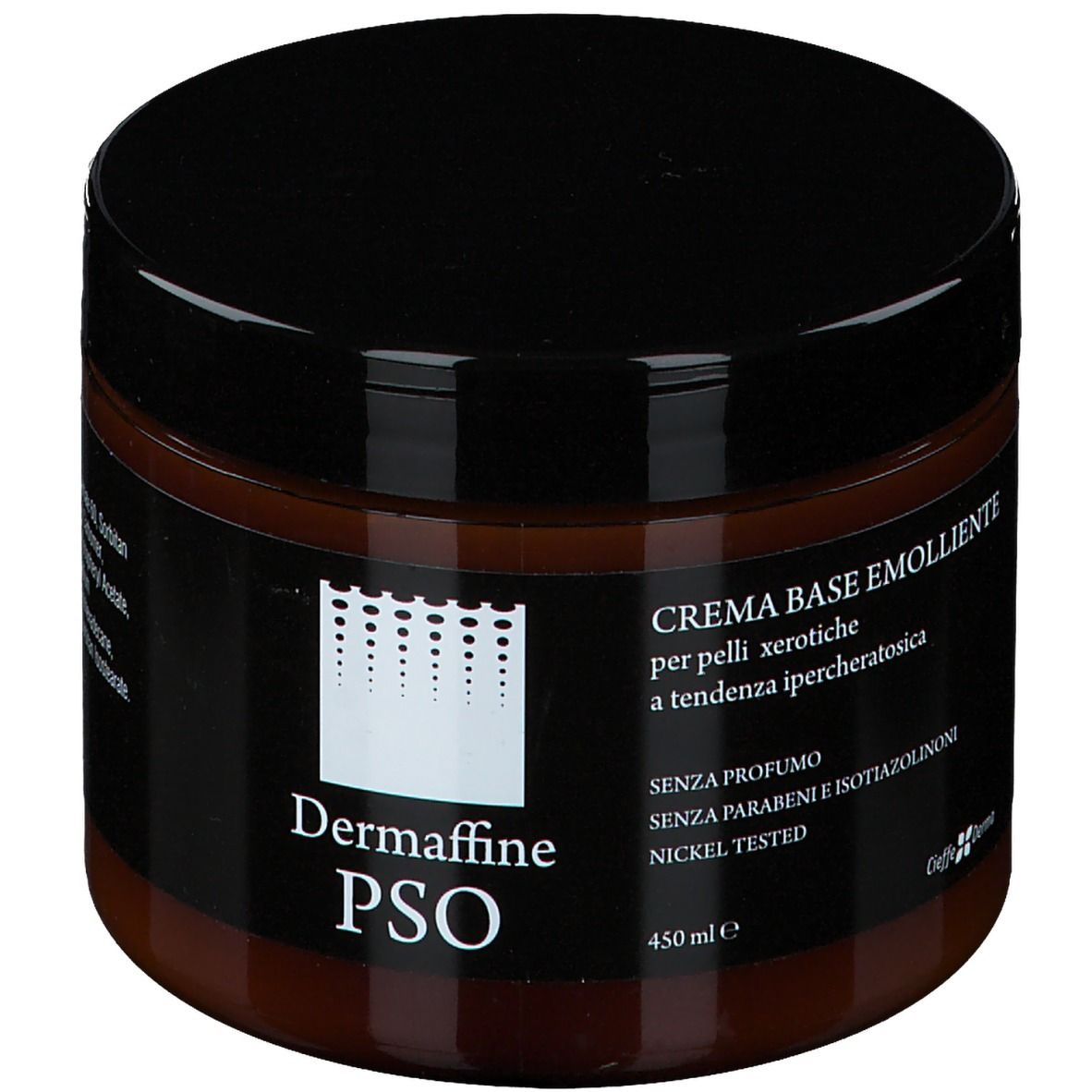 Barattolo marrone con coperchio nero. Scritta: Dermaffine PSO, Crema Base Emolliente. Senza profumo, senza parabeni, nickel tested.