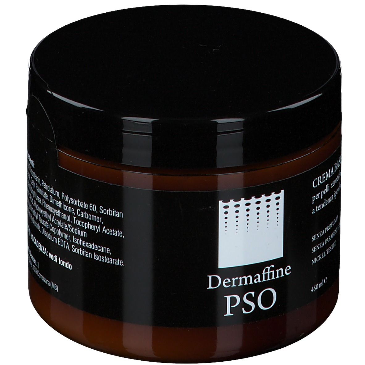Barattolo marrone con coperchio nero. Scritta: Dermaffine PSO, Crema Base Emolliente. Senza profumo, senza parabeni, nickel tested.