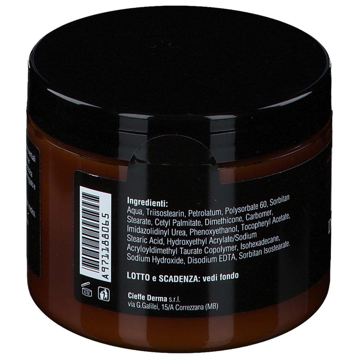 Barattolo marrone con coperchio nero. Scritta: Dermaffine PSO, Crema Base Emolliente. Ingredienti e informazioni produttore.
