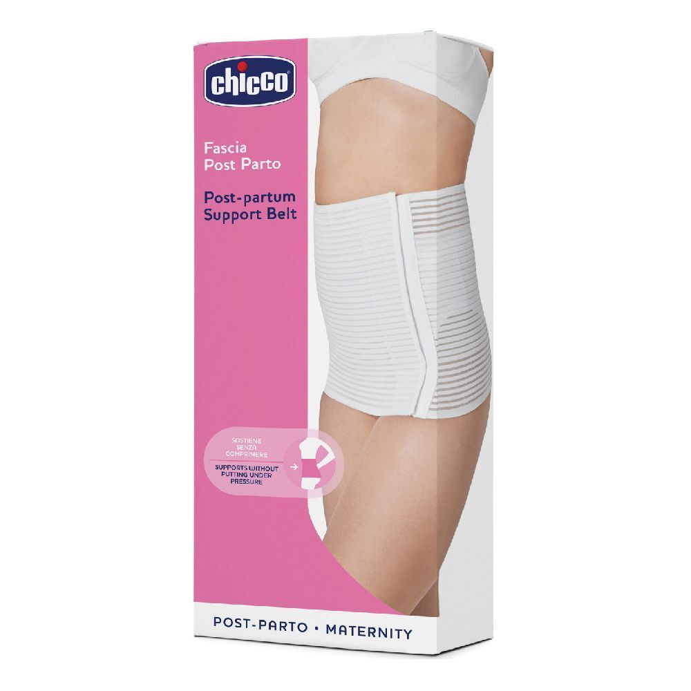 Confezione con fascia post-partum bianca. Marchio Chicco. Colori rosa e bianco. Illustrazione di una donna che indossa la fascia.