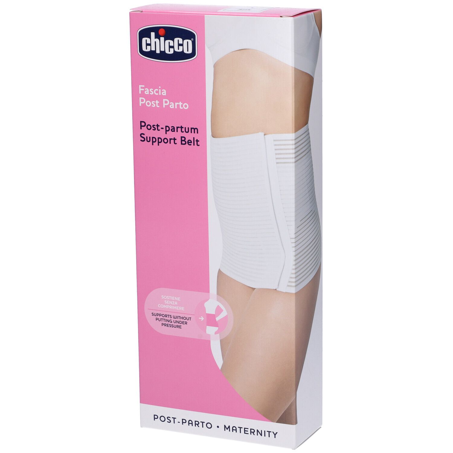 Confezione con fascia post-partum bianca. Marchio Chicco. Colori rosa e bianco. Illustrazione di una donna che indossa la fascia.