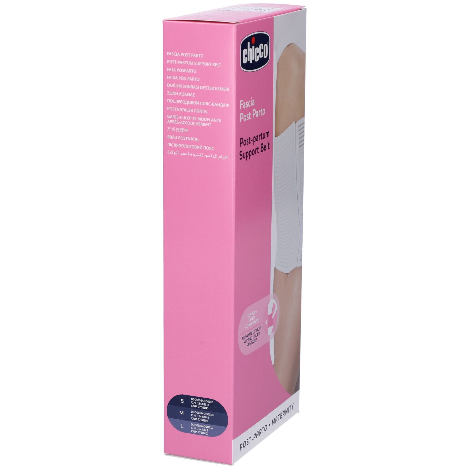 Confezione con fascia post-partum bianca. Marchio Chicco. Colori rosa e bianco. Illustrazione di una donna che indossa la fascia.