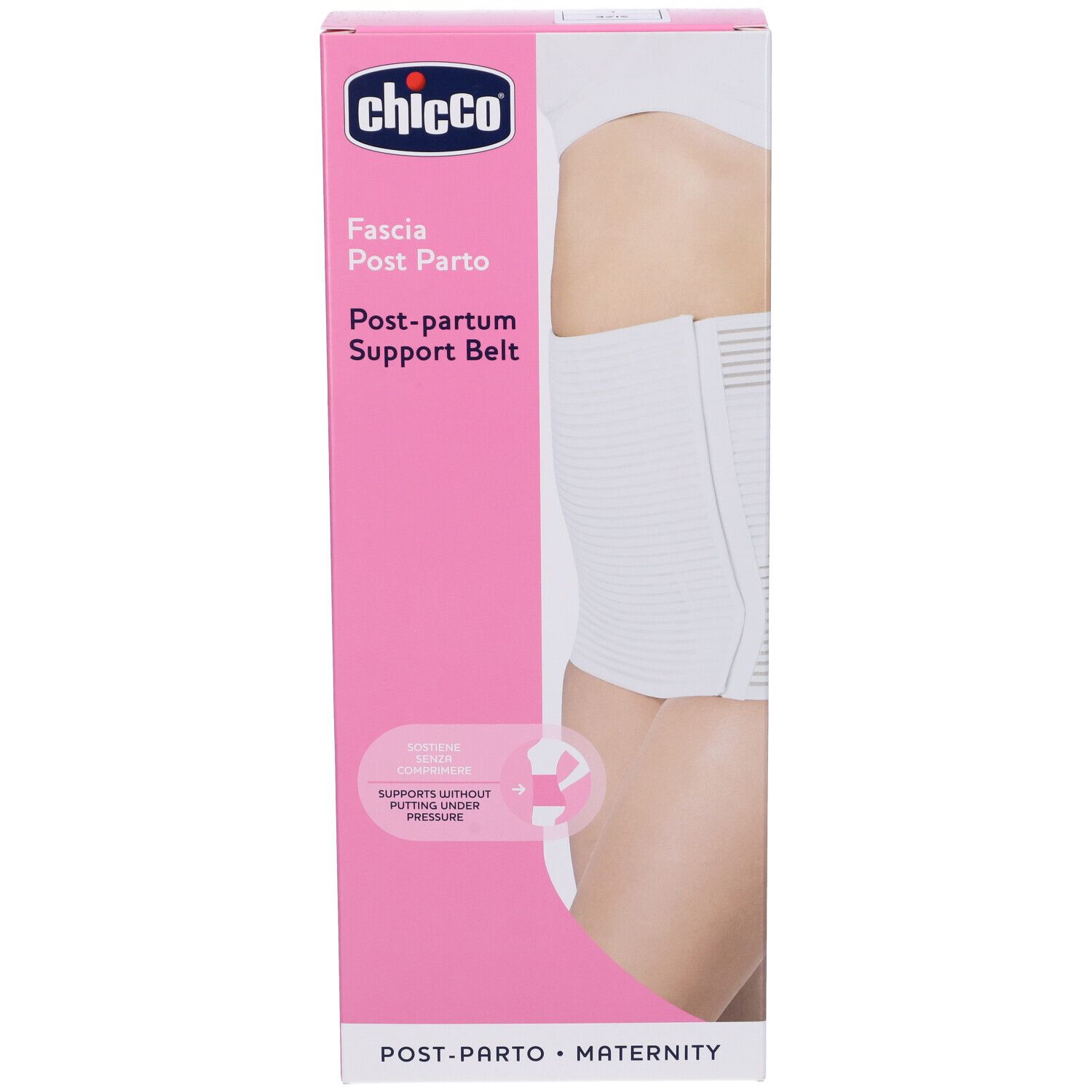 Confezione con fascia post-partum bianca. Marchio Chicco. Colori rosa e bianco. Illustrazione di una donna che indossa la fascia.