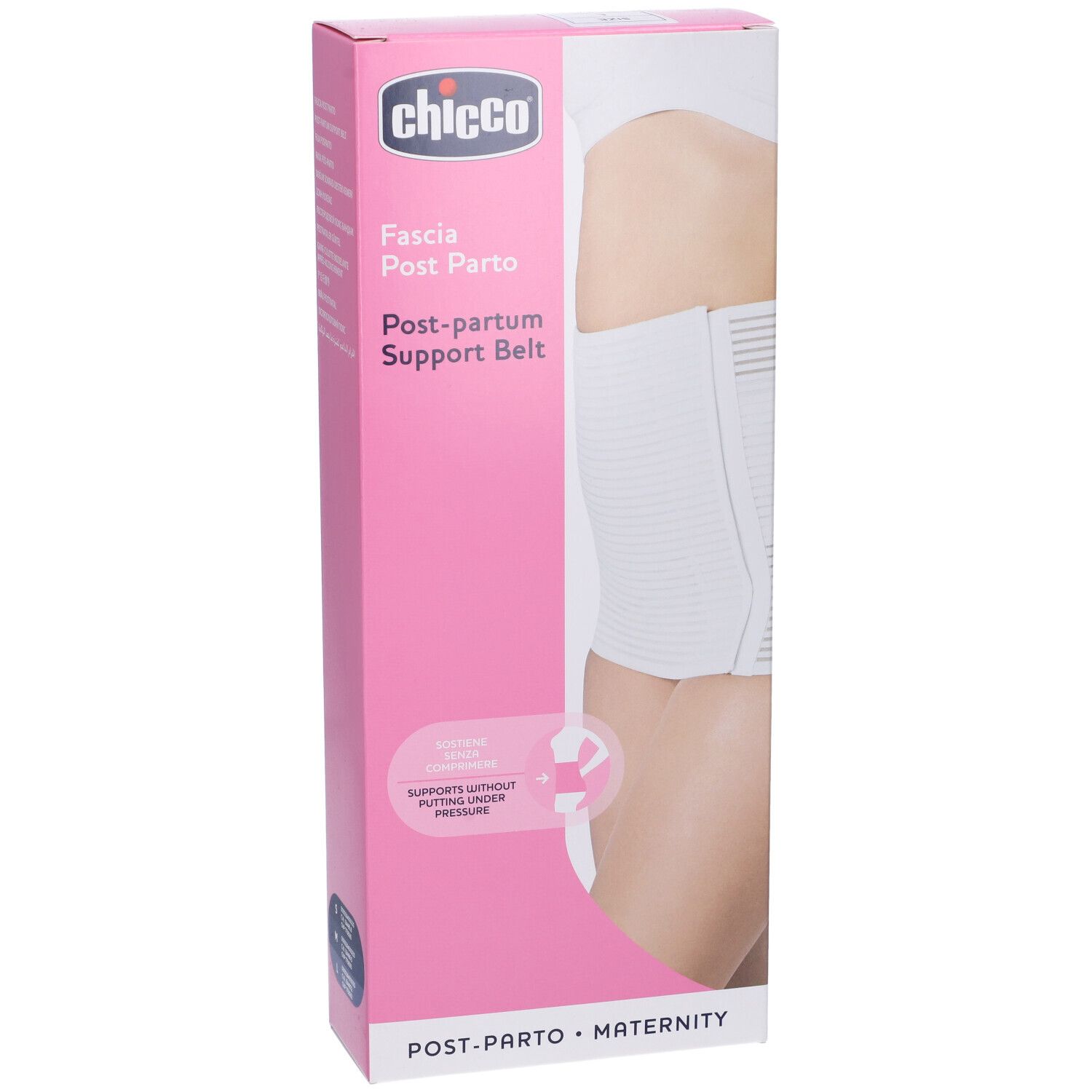 Confezione con fascia post-partum bianca. Marchio Chicco. Colori rosa e bianco. Illustrazione di una donna che indossa la fascia.