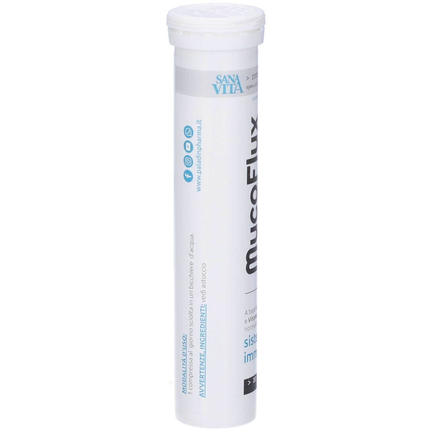 Weiße Tube mit Sanavita Mucoflux 600. Aufschrift und Logo. Enthält über 20 Brausetabletten.