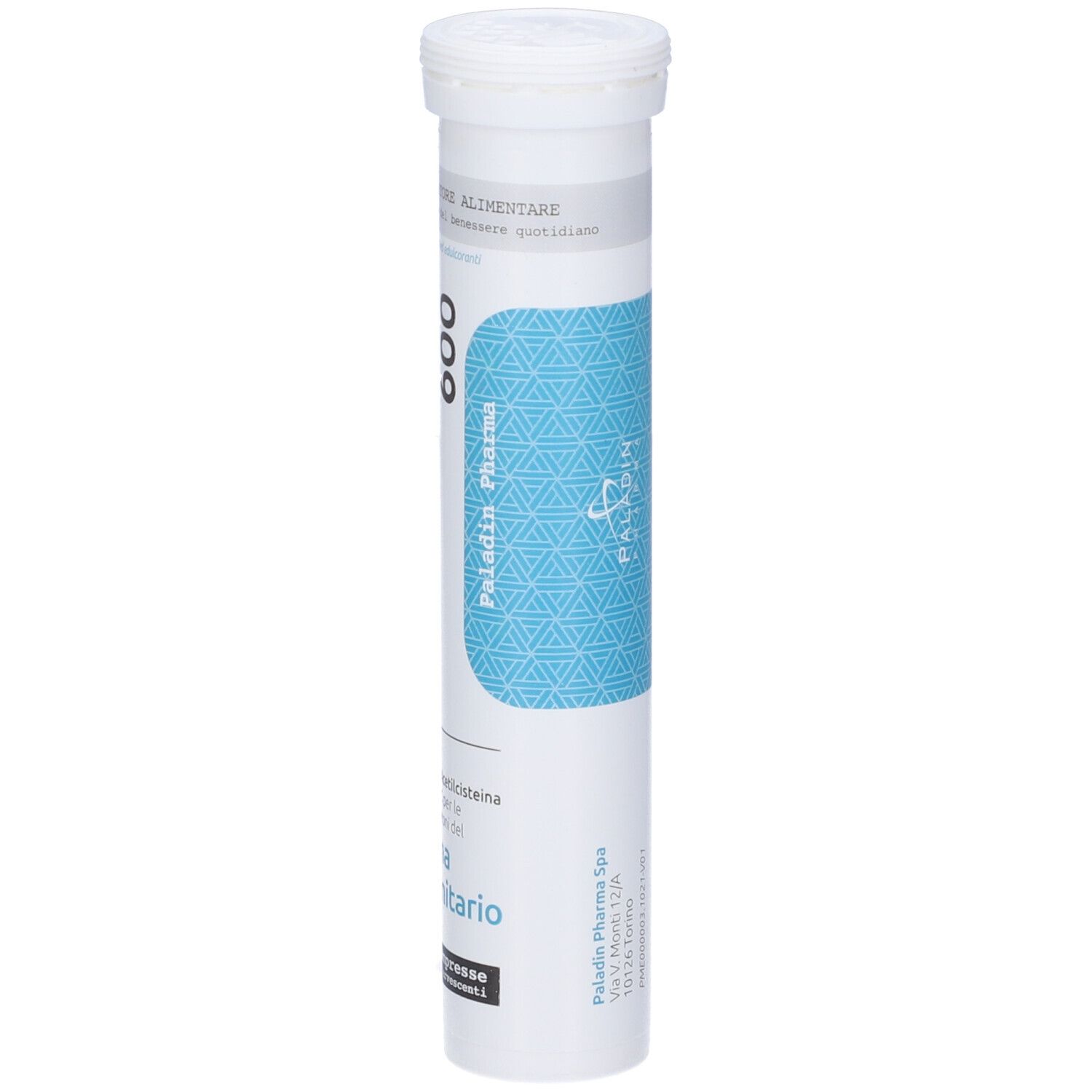 Weiße Tube mit Sanavita Mucoflux 600. Blaue und weiße Beschriftung. Enthält über 20 Brausetabletten.