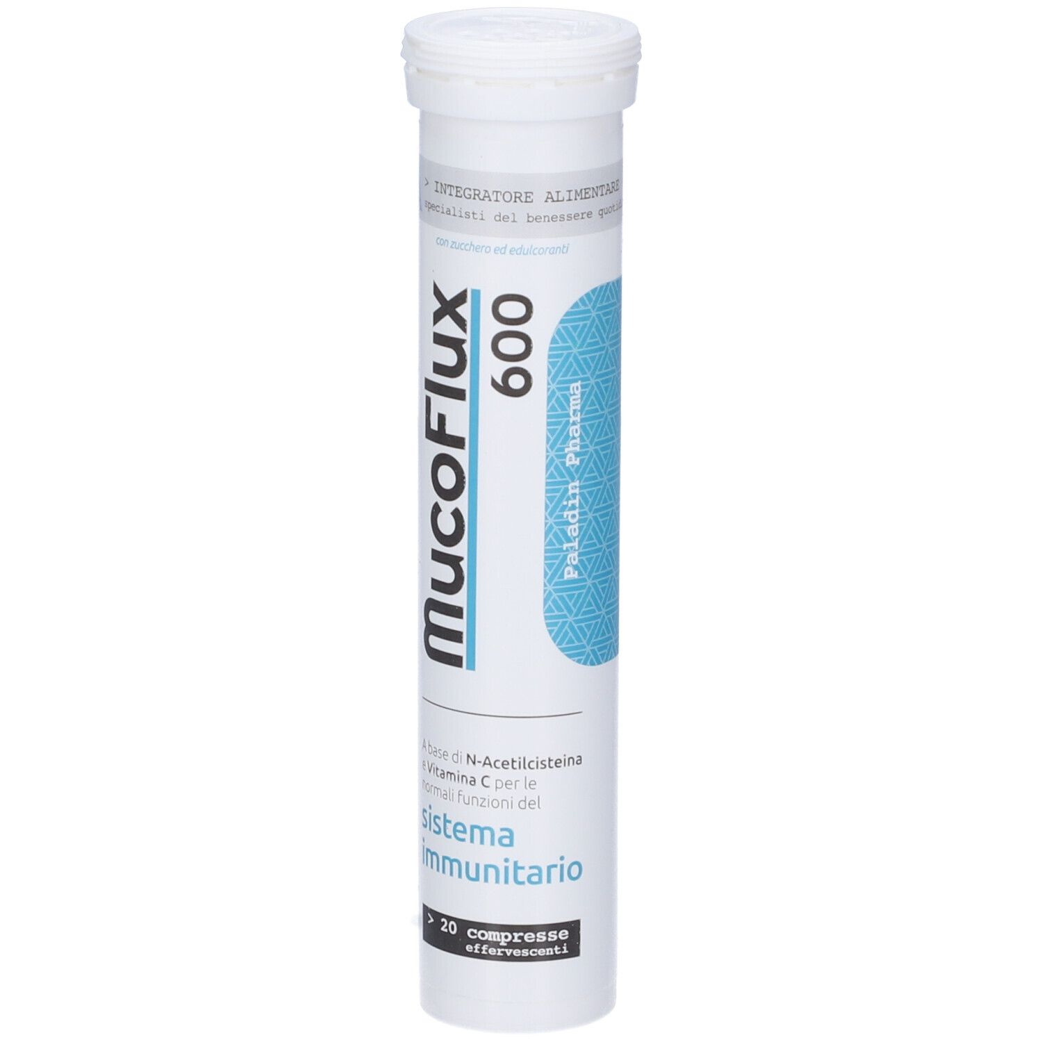 Weiße Tube mit Sanavita Mucoflux 600. Blaue und weiße Beschriftung. Enthält über 20 Brausetabletten.