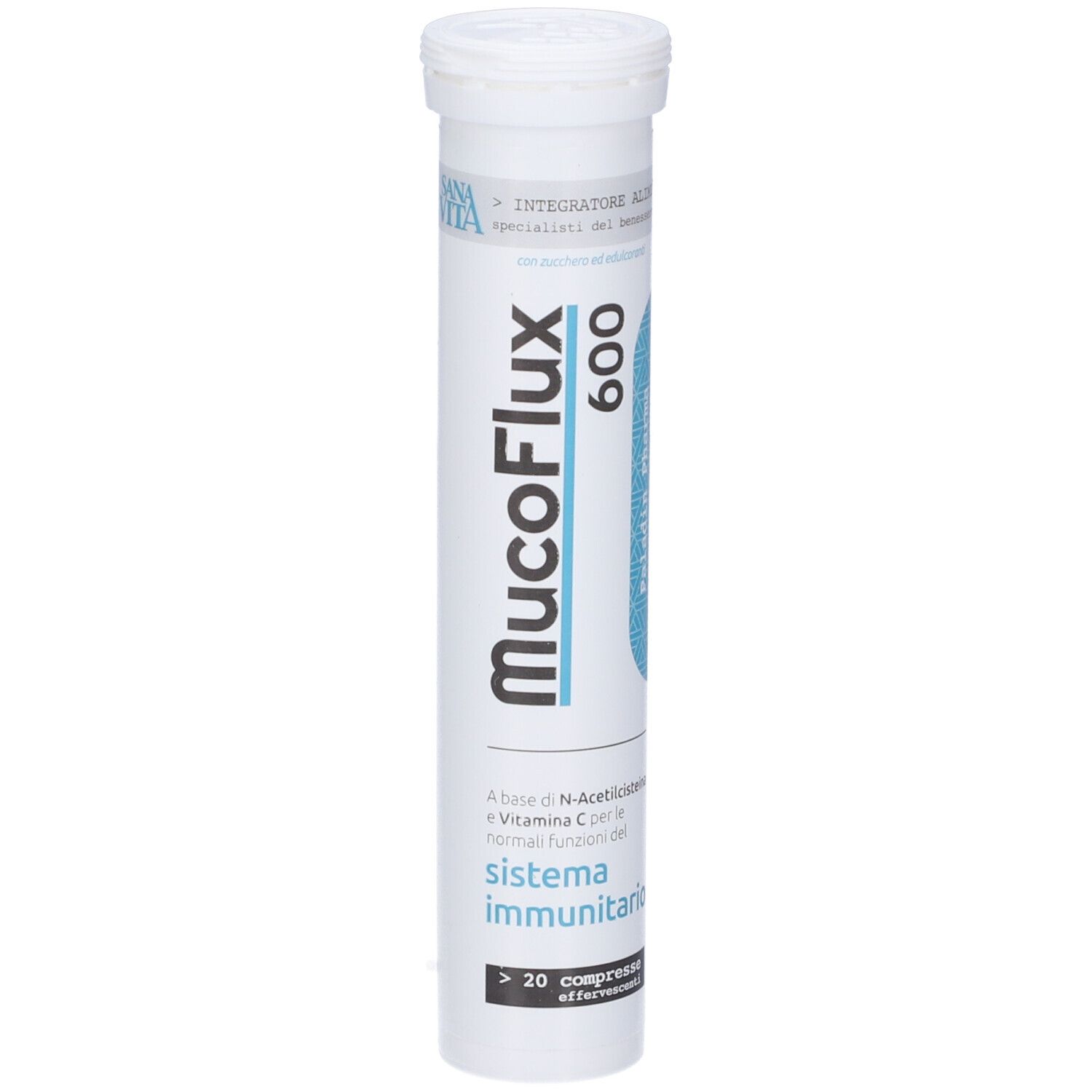 Weiße Tube mit Sanavita Mucoflux 600. Blaue und weiße Beschriftung. Enthält über 20 Brausetabletten.