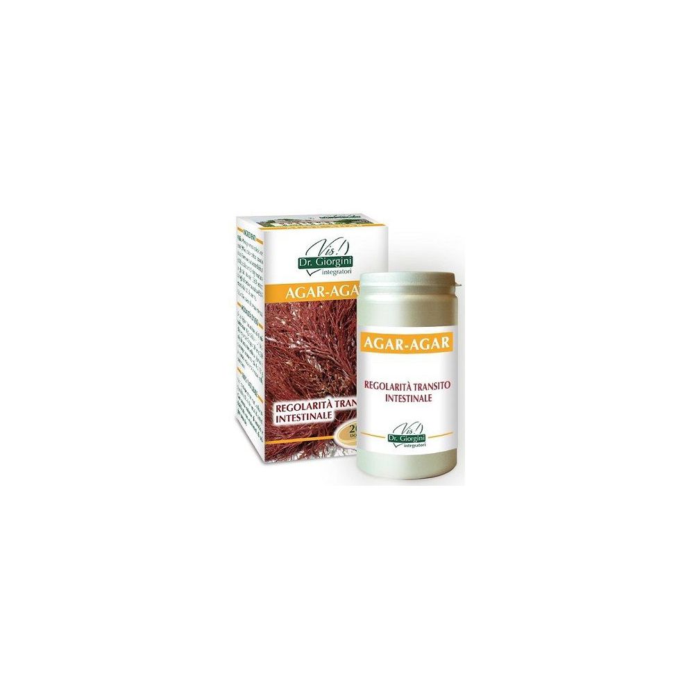 Barattolo e scatola con etichette. Scritto: Agar-Agar, Regolarità transito intestinale.