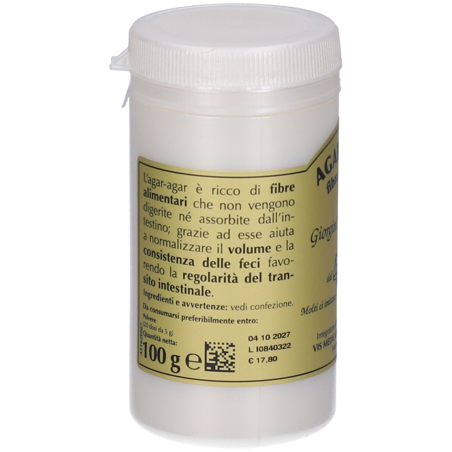 Contenitore bianco con coperchio. Etichetta con testo e codice QR. Scritto: Agar-Agar, 100 g.